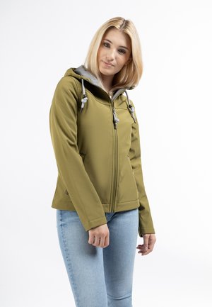 Olive green softshell jacket with a gray hood, zippered front, drawstring details, and two side pockets. Smooth texture, fitted design.