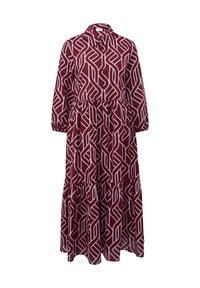 Lange bordeaux rode jurk met geometrisch wit patroon, kraaghals, lange mouwen, taillering en gelaagde rok. Gemaakt van een katoenmix.