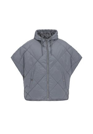 Gepolsterte graue Poncho-Jacke mit Kapuze, verfügt über einen Frontreißverschluss, einen Kordelzug und zwei Seitentaschen. Wirkt glatt im Material und hat ein lässiges, übergroßes Design.
