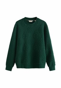 Sweatshirt à manches longues vert foncé avec des motifs circulaires texturés ressemblant à des ornements de Noël, doté de poignets et d'un ourlet côtelés.