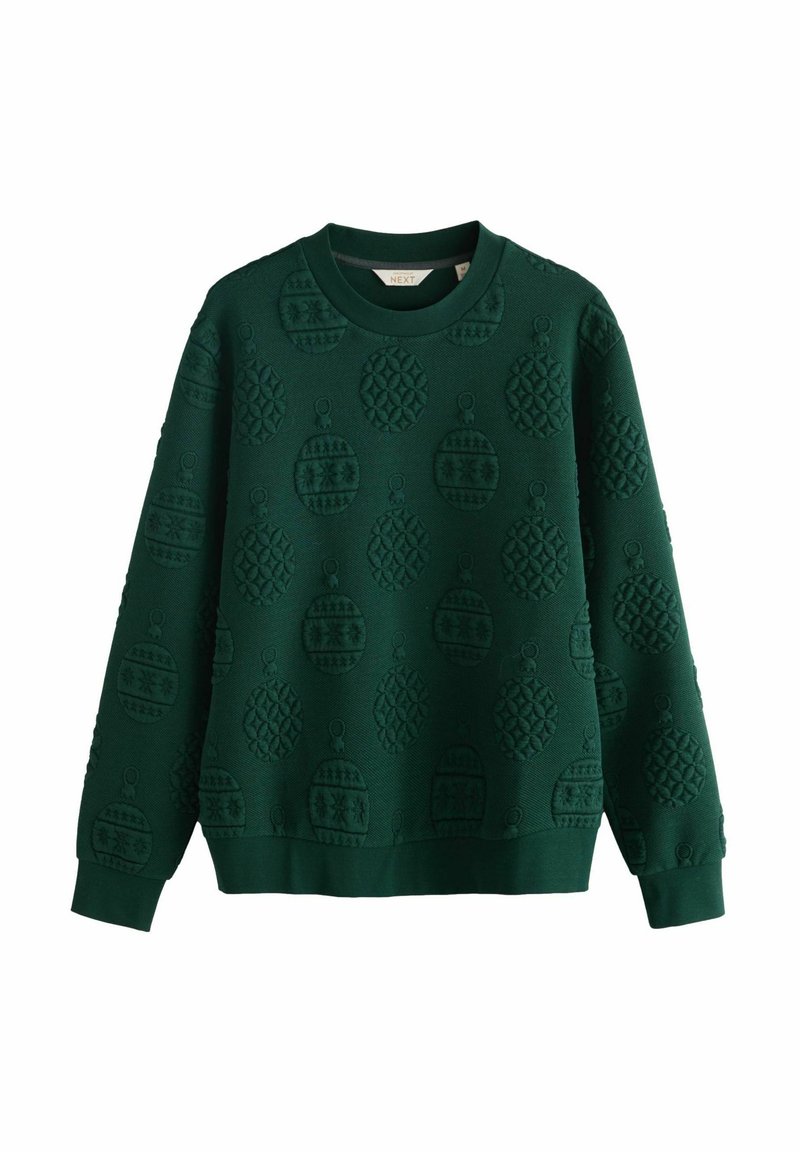 Sweatshirt à manches longues vert foncé avec des motifs circulaires texturés ressemblant à des ornements de Noël, doté de poignets et d'un ourlet côtelés.