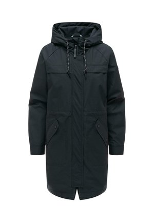Czarna długa parka z kapturem, zamkiem błyskawicznym z przodu, troczkami do ściągania oraz dwoma dużymi przednimi kieszeniami na klapę z zatrzaskami.