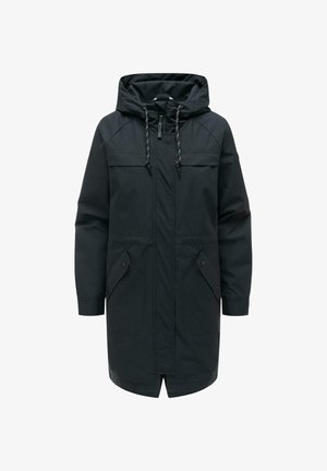 Black long parka with hood, front zipper, drawstring cords, and two large front flap pockets with snap buttons.