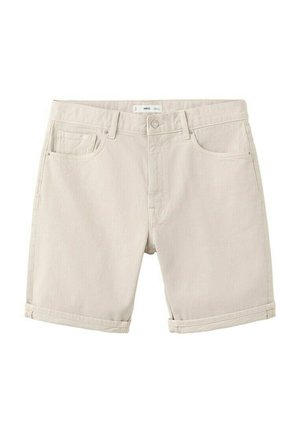 Béžové denimové kraťasy s ohrnutými lemy, přední zapínání na knoflík a zip, poutka na pásek a styl s pěti kapsami.