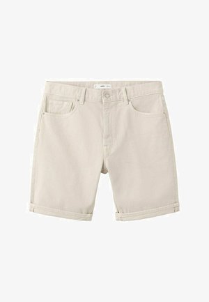 Béžové denimové kraťasy s ohrnutými lemy, přední zapínání na knoflík a zip, poutka na pásek a styl s pěti kapsami.