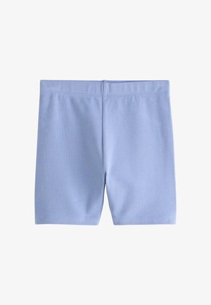 Hellblaue Stretch-Shorts mit elastischem Bund und geradem Saum, flach auf einem weißen Hintergrund ausgelegt.