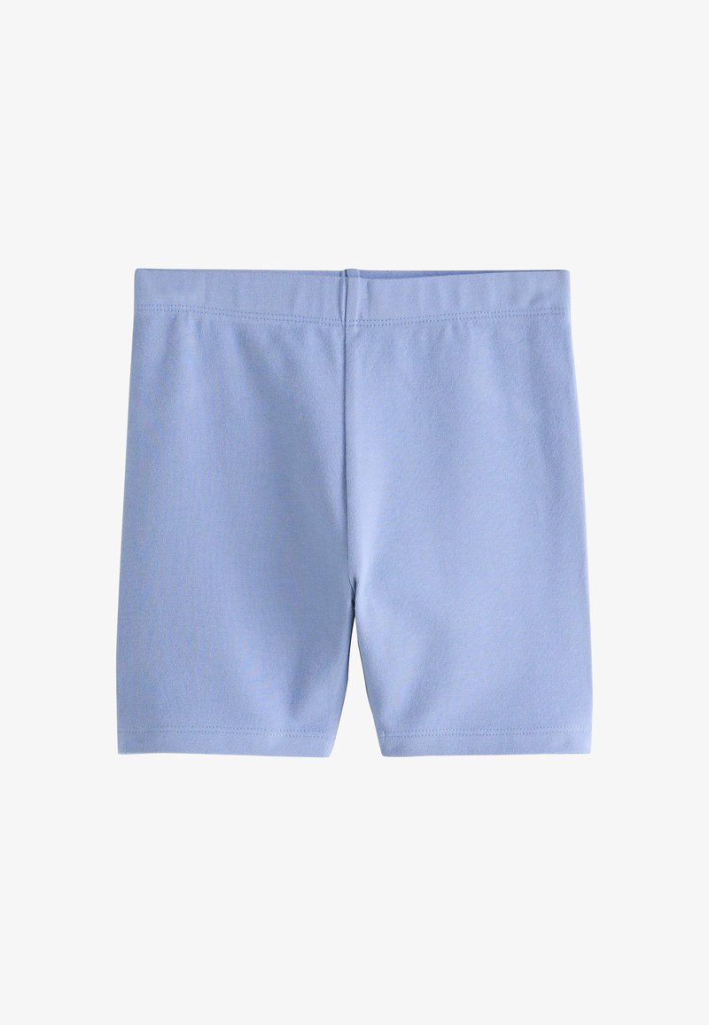 Hellblaue Stretch-Shorts mit elastischem Bund und geradem Saum, flach auf einem weißen Hintergrund ausgelegt.