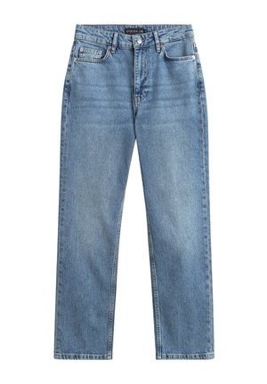 Lyseblå high-waisted straight-leg denimjeans med knap- og lynlås-lukning, for- og baglommer samt bæltestropper.