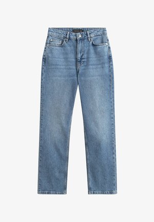 Lichtblauwe high-waisted straight-leg spijkerbroek met knoop- en ritssluiting, voor- en achterzakken en riemlussen.