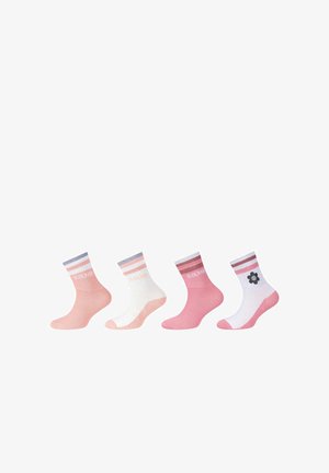 Vier Paar Knöchelsocken in Rosa- und Weißtönen, jeweils mit gestreiften Bündchen, zwei davon mit dem Schriftzug "S. OLIVER", einer mit einer schwarzen Blume.