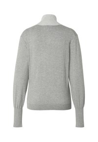 Pull à col roulé gris clair à manches longues avec poignets, ourlet et col côtelés, vu de dos sur fond blanc.