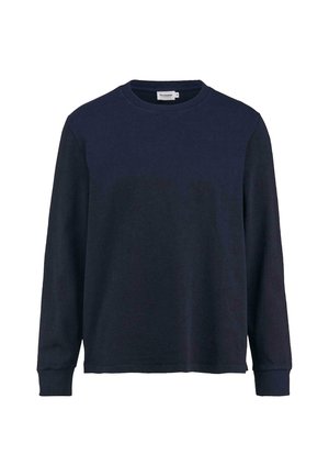 Navyblaues Langarm-Sweatshirt mit geripptem Rundhalsausschnitt und Bündchen, aus weichem Baumwoll-Mischgewebe gefertigt, mit einem schlichten Design ohne Muster.