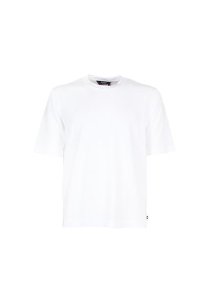 T-shirt bianca di cotone a maniche corte con scollo rotondo, mostrata su sfondo bianco.