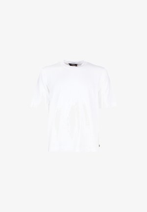 T-shirt bianca di cotone a maniche corte con scollo rotondo, mostrata su sfondo bianco.