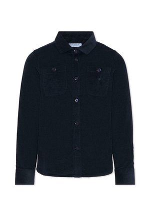 Camicetta in corduroy blu scuro con maniche lunghe, chiusura con bottoni, due taschini sul petto e colletto classico. Presenta una texture sottile e dettagli di marca.