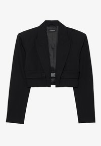 Svart crop blazer med långa ärmar, breda slag och ett bälte-liknande band över framdelen, lagt platt på en vit bakgrund.