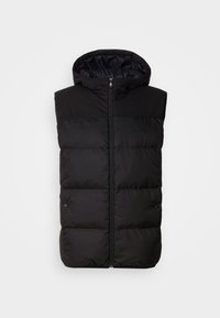 Melna pufaina veste ar kapuci, ar rāvējslēdzēja priekšpusi, šuvēm un logo uz krūtīm. Izgatavota no gludas, izolējošas materiāla.