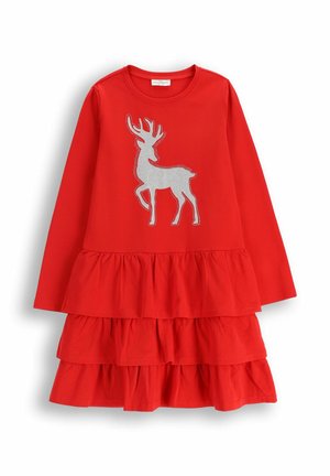 Czerwona sukienka z długim rękawem, z trzema warstwami falban, z srebrnym wzorem renifera ozdobionym kryształkami na przodzie.