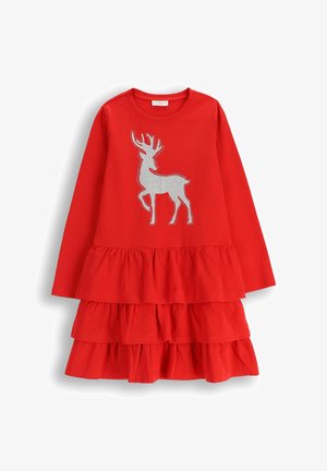 Czerwona sukienka z długim rękawem, z trzema warstwami falban, z srebrnym wzorem renifera ozdobionym kryształkami na przodzie.