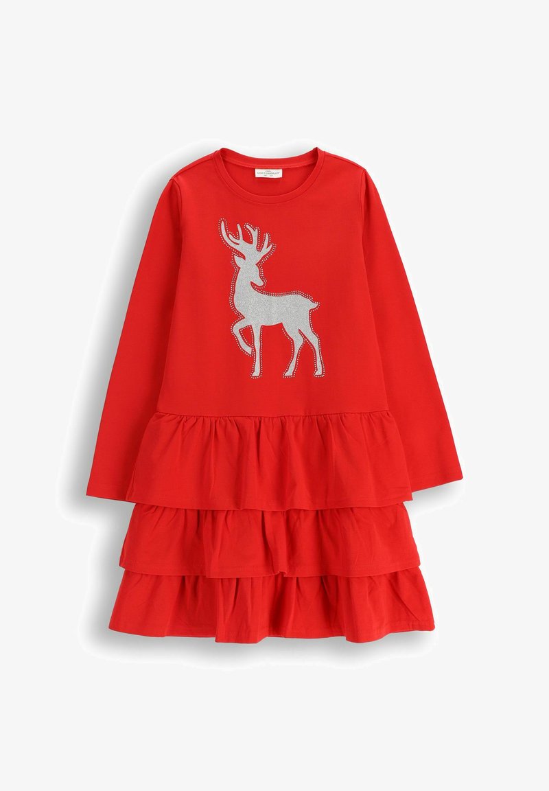 Czerwona sukienka z długim rękawem, z trzema warstwami falban, z srebrnym wzorem renifera ozdobionym kryształkami na przodzie.