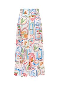 Jupe blanche avec des imprimés colorés sur le thème français incluant des fleurs, des croissants, des feuilles, des vélos et des monuments parisiens en rouge, bleu, vert et orange.