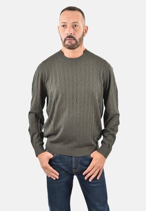Maglione lavorato a maglia verde scuro con motivo a rombi, collo rotondo e polsi e orlo a coste; indossato su jeans blu.