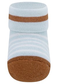 Calzino per bambini di colore azzurro chiaro con strisce marroni e bianche. Design con risvolto, realizzato in morbido materiale a maglia. Forma della punta arrotondata.