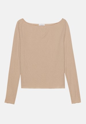 Top a maniche lunghe e rigato in beige chiaro, con ampia scollatura a barchetta e forma aderente. Texture morbida con leggera elasticità.