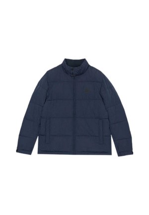 Bunda s péřovým vzhledem v tmavě námořnické barvě. Má vysoký límec, přední zip a dvě boční kapsy. Texturované švy s lehkým, vycpaným designem.