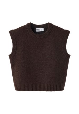 Gilet sans manches tricoté marron foncé avec col, emmanchures et ourlet côtelés, présenté à plat sur fond blanc.