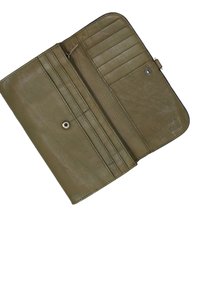 Olive green leather wallet with multiple card slots, a zippered compartment, and a snap closure. Smooth texture and embossed logo detail.