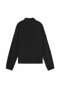 Sort, langærmet jakke med krave og elastiske manchetter. Har et enkelt, minimalistisk design og en glat, mat tekstur.