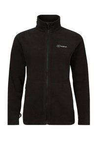 Veste en polaire noire avec col montant, fermeture éclair complète, poches latérales et logo sur la poitrine gauche. Texture douce et coupe ajustée.