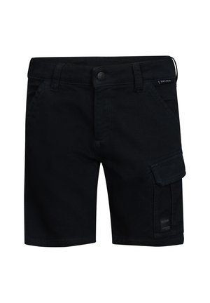 Shorts cargo noirs en mélange de coton, avec plusieurs poches et une fermeture à bouton. Taille standard avec passants de ceinture, design décontracté.