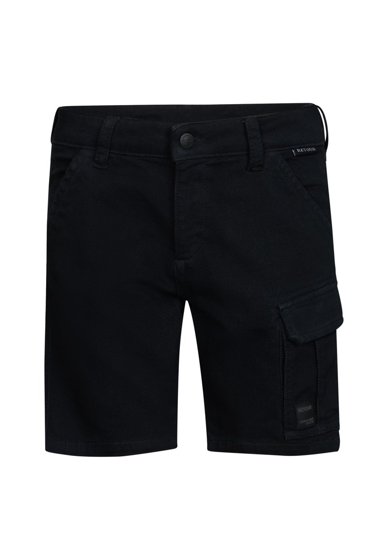 Czarne szorty cargo z mieszanki bawełny, posiadające wiele kieszeni i zapięcie na guzik. Standardowy pas z szlufkami, casualowy design.