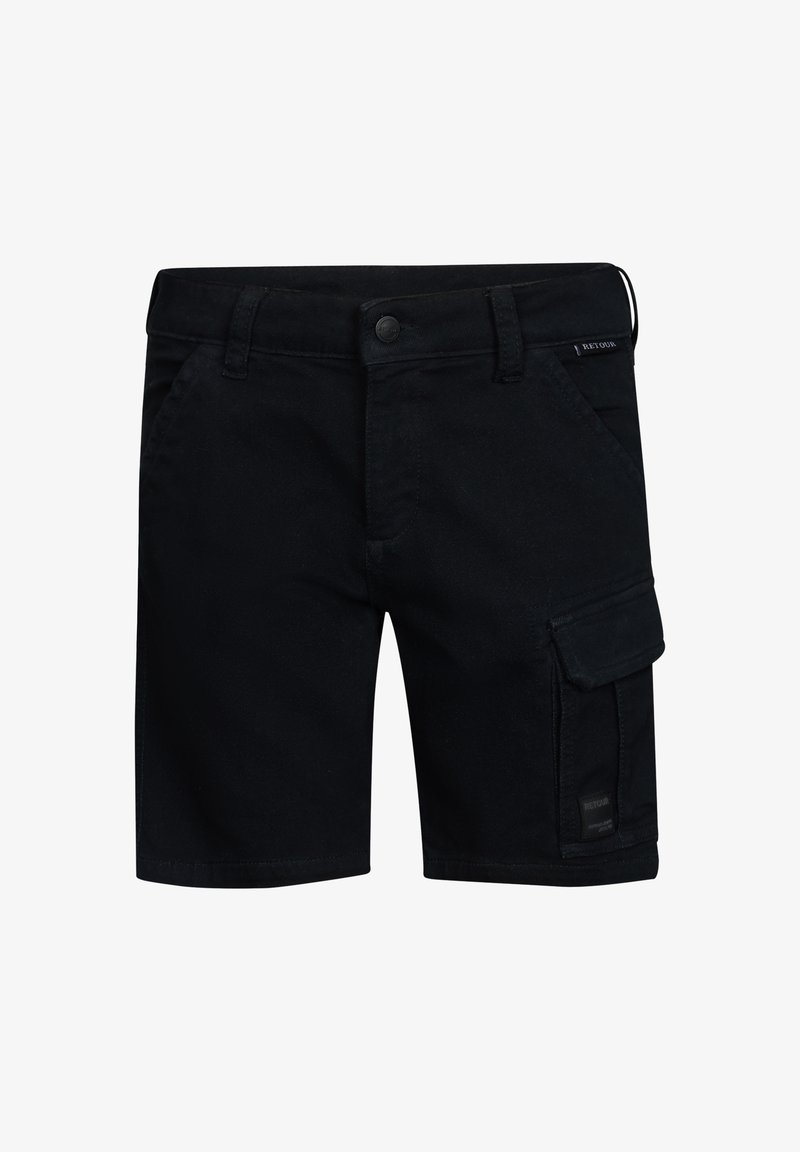 Czarne szorty cargo z mieszanki bawełny, posiadające wiele kieszeni i zapięcie na guzik. Standardowy pas z szlufkami, casualowy design.