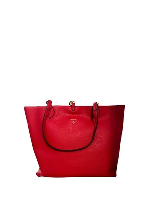 Borsa tote in pelle rossa testurizzata con due manici e un piccolo logo dorato centrato vicino alla parte superiore.