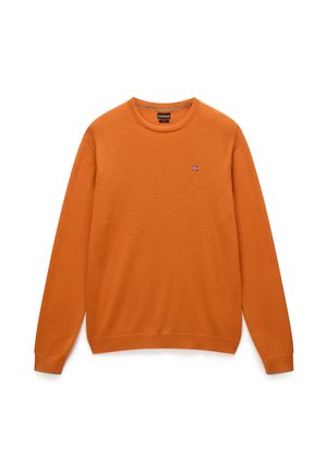 Oranje katoenen sweatshirt met ronde hals, voorzien van geribbelde manchetten en onderrand, met een klein geborduurd vlaglogo op de borst.