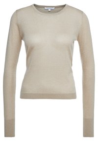 Maglione beige a maniche lunghe realizzato in un tessuto morbido e lucente. Presenta un collo rotondo e una silhouette aderente con polsini e orlo a coste.