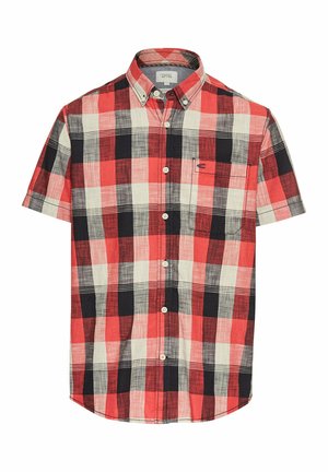 Korte mouwen gestreept overhemd in rood, zwart en crème kleuren. Gemaakt van lichte stof met een knopsluiting kraag en een zak op de linkerborst.