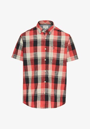Korte mouwen gestreept overhemd in rood, zwart en crème kleuren. Gemaakt van lichte stof met een knopsluiting kraag en een zak op de linkerborst.