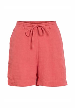 Coral pink textured fabric shorts with elastic waistband, belt loops, front tie, and side pockets.