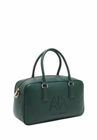Borsa in pelle verde scuro con due manici, zip dorata e logo "AX Armani Exchange" in rilievo sul fronte.