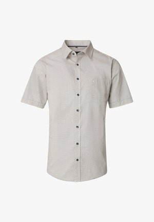 Kurzärmliges Button-Up-Hemd in hellem Beige mit einem kleinen geometrischen Muster. Mit einem klassischen Kragen und dunkelblauen Knöpfen.