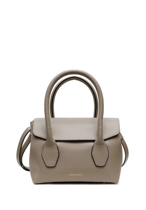 Sac à main en cuir taupe texturé avec doubles poignées arrondies, fermeture à rabat et bandoulière, marqué "sherry paris" en petites lettres dorées.