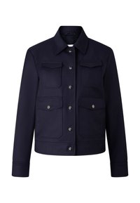 Navy blue jacket with long sleeves, button front, four flap pockets with snap closures, and a classic collar.