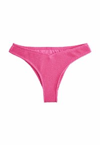 Rozā bikini apakšdaļa ar teksturētu audumu, zemu jostasvietu un šauriem sāniem. Iezīmējas ar V veida priekšpusi un šuvju akcentiem.