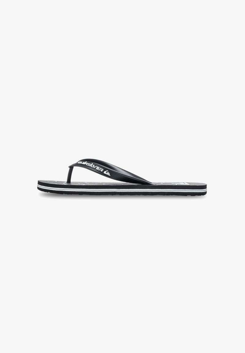 Black flip-flop with a textured footbed, white accent stripes, and rubber thong strap. Features logo on strap and grooved outsole for traction.