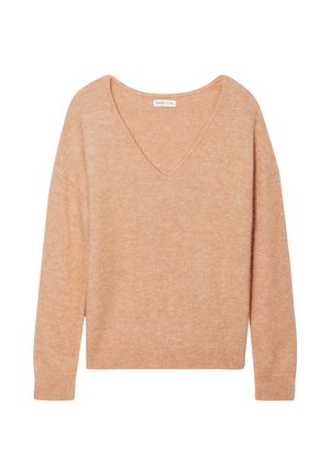 V-hals trui van zachte, gestructureerde lichtoranje gebreide stof. Voorzien van lange mouwen en een losse pasvorm met geribbelde manchetten en zoom.