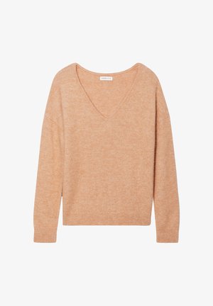 Suéter de cuello en V en tejido suave y texturizado de color naranja claro. Cuenta con mangas largas y un ajuste holgado con puños y dobladillo acanalados.